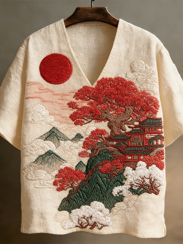Men's Japanese-style Landscape Pattern Short-sleeved V-neck Shirt