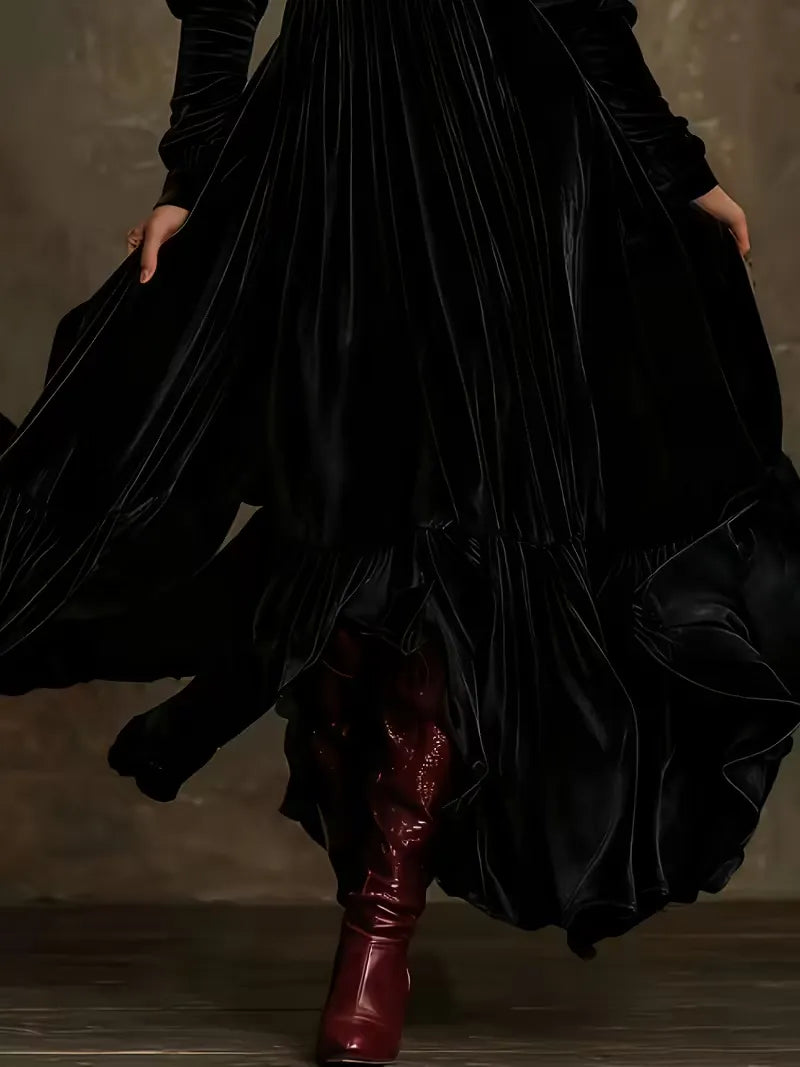 Retro Velvet V-neck Fitted Waist Maxi Dress