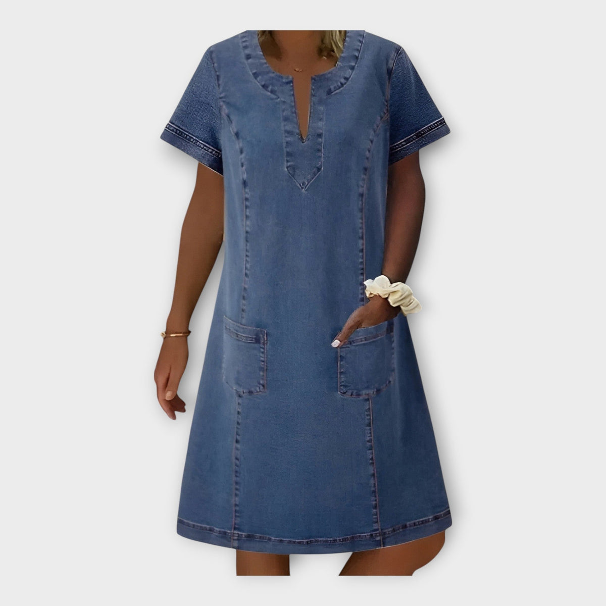 Denim Dress with Pockets and V Neckline