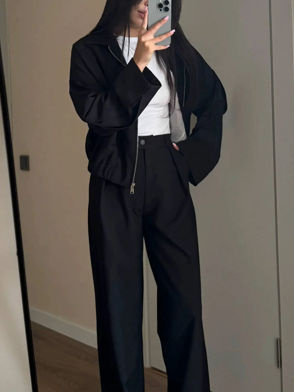 Zippered Jacket And Wide-leg Pants Two-piece Suit