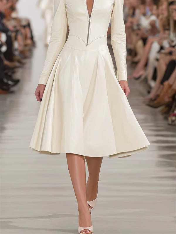 Long Sleeves Skinny Soft Zipper Lapel Midi Dresses