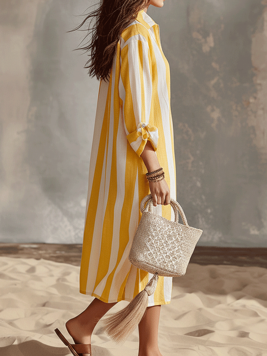 Relaxed Striped Resort Yellow & White Stripe Midi Dress