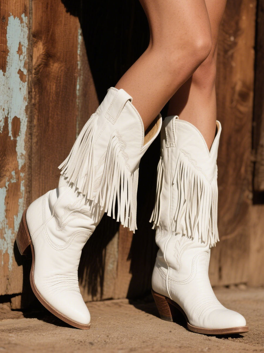 【24-hour shipping out】Women's Western Embroidered Tassel Leather Cowboy Boots