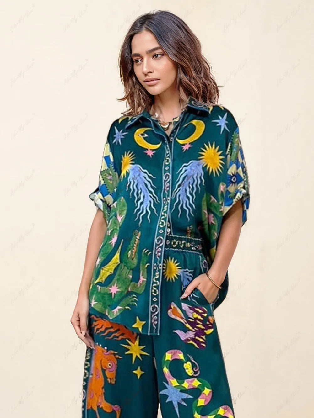 Unique Print Elastic Waist Pocketed Wide Leg Pants Set