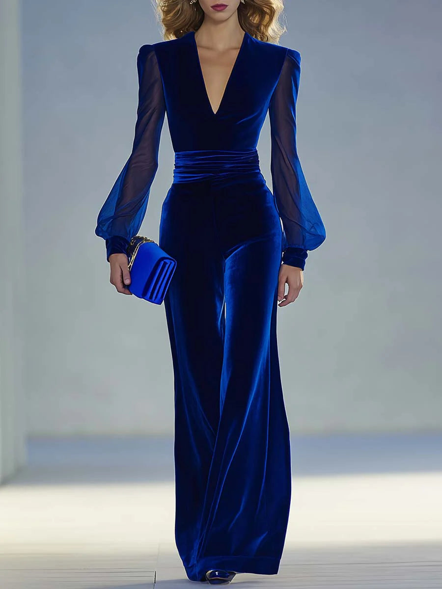Retro elegant V-neck mesh long-sleeved royal velvet jumpsuit