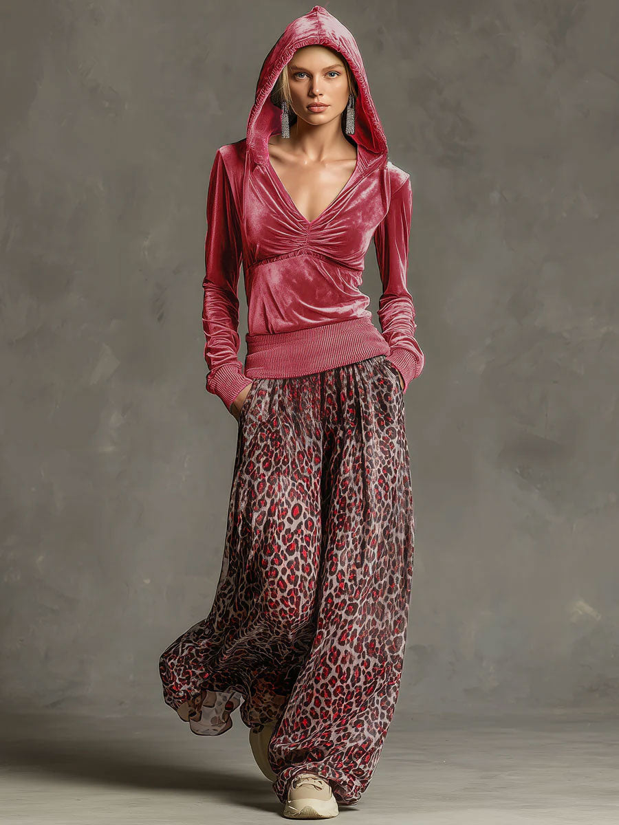 Casual Retro Pink Fleece Hooded Top And Chiffon Leopard Print Wide-leg Pants Set
