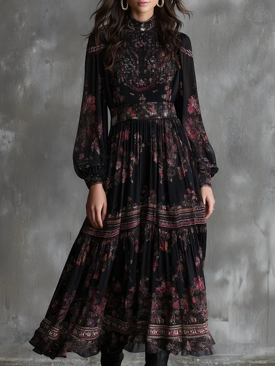 Retro Ethnic Print Pleated Chiffon Ruffle Midi Dress
