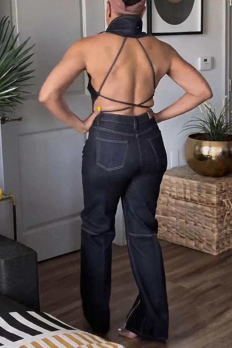 Women's Fashion Open Back Metal Cutout Vest or Jeans