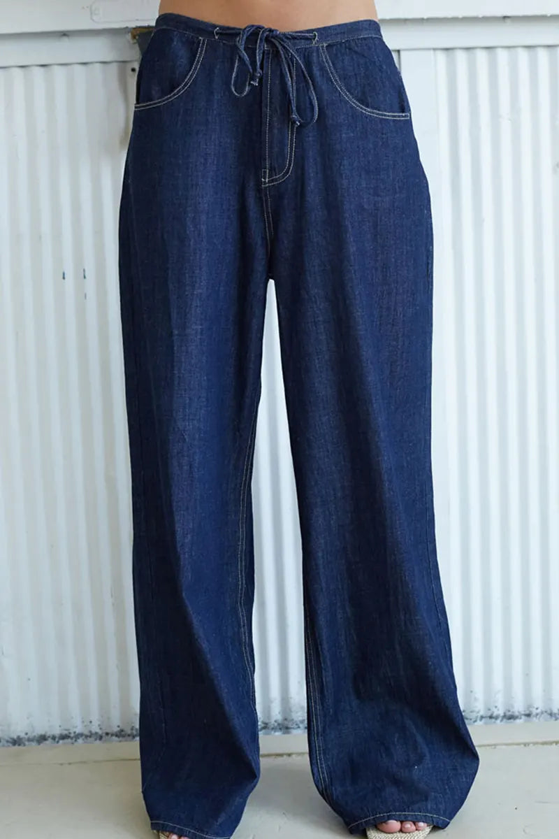 Women's Casual Backless Spaghetti Strap Denim Top& Casual Wide Leg Jeans