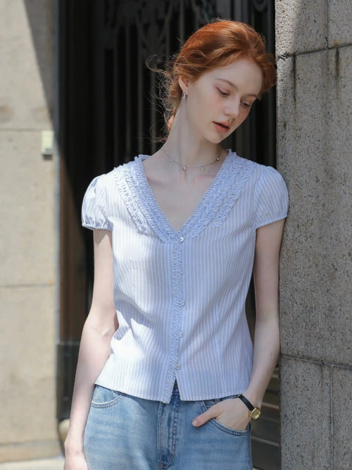 Blue Striped Frill V-neck Shirt