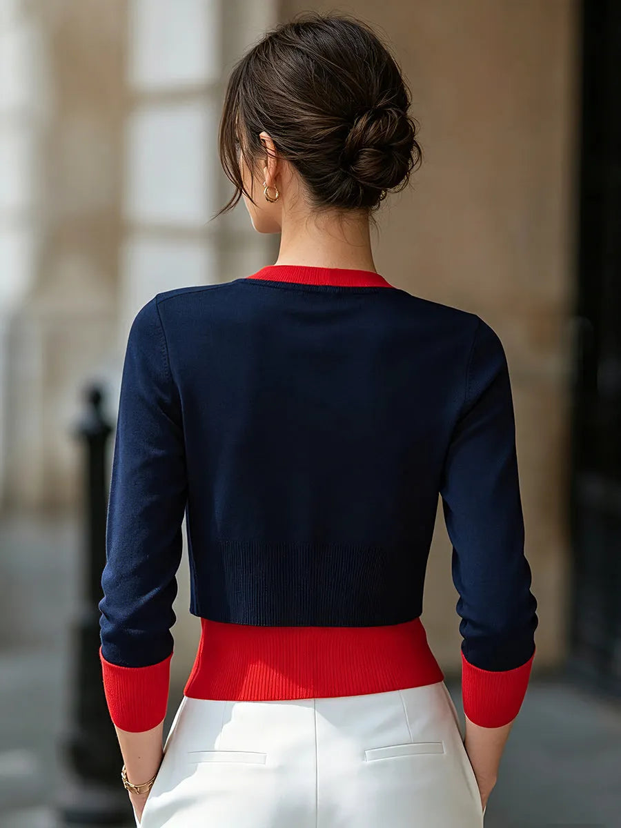 Color-Blocked Layered Button-Down Knit Cardigan