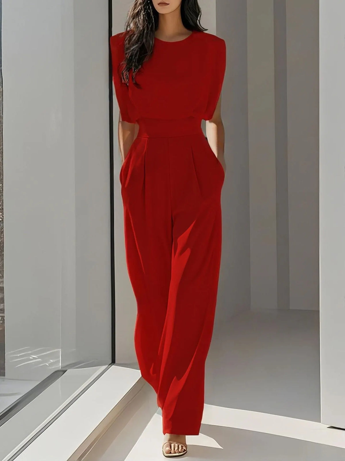 Women's Elegant High-Waist Jumpsuit - Wrinkle-Free Sleeveless Wide Leg Romper with Pockets