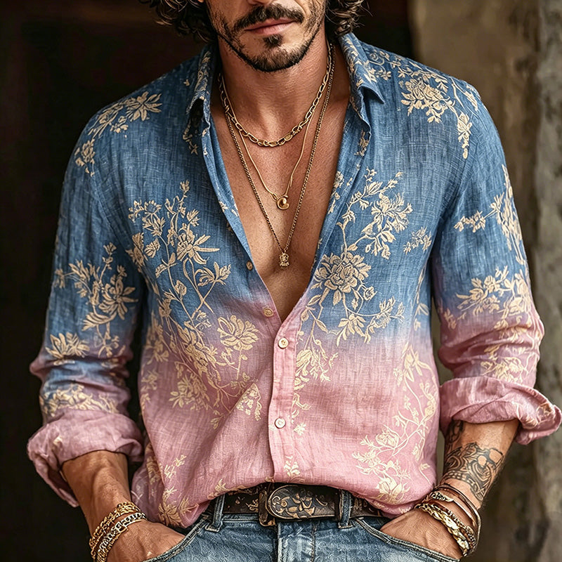 Men's Retro Bohemian Floral Print Casual Linen Shirt