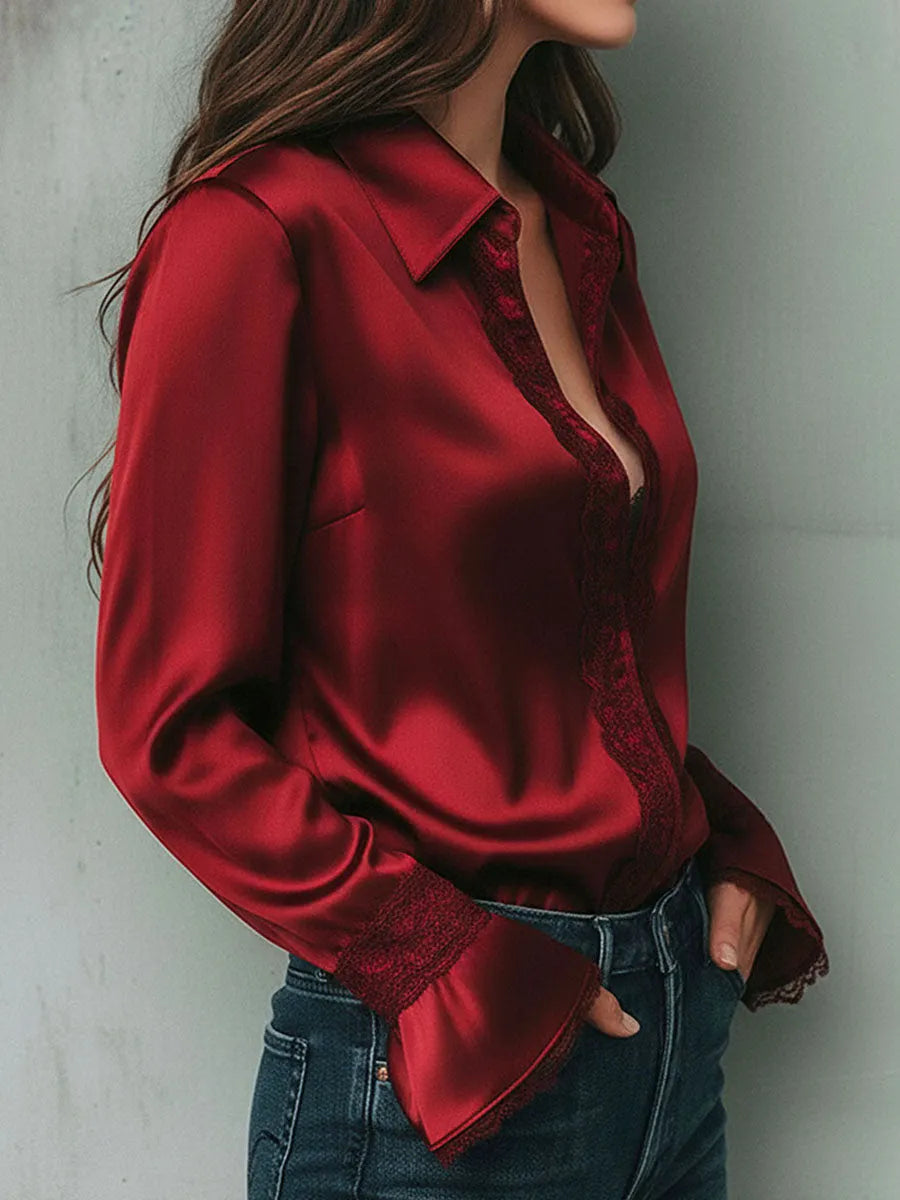 Elegant Burgundy Lace Trim Satin Blouse With Flared Cuffs