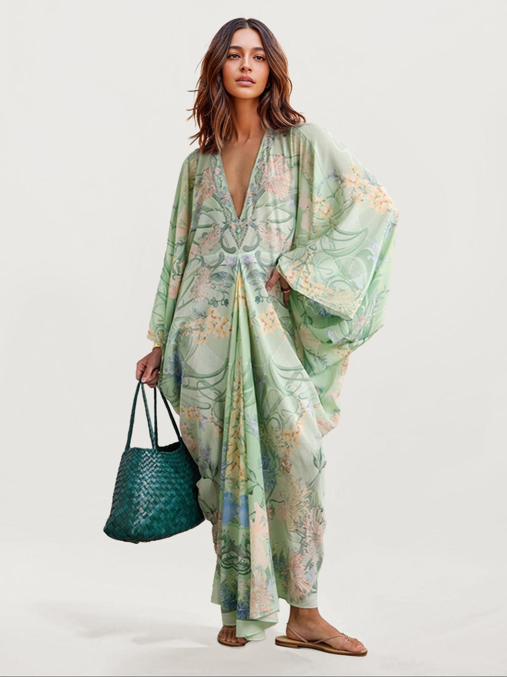 Unique Floral Print V Neck Oversized Midi Dress