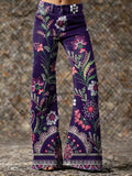 Women's Vintage Ethnic Purple Floral Art Prints Casual  Flared Pants
