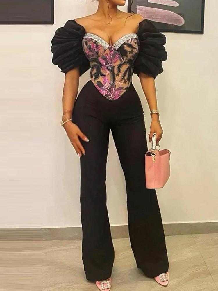 Stylish V-Neck Floral Printed Ruffled Split-Joint Straight Leg Jumpsuits