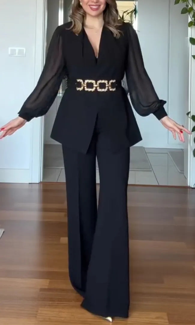 Women's Sheer Sleeve Suit With Metallic Waist Belt And Wide-Leg Pants Set