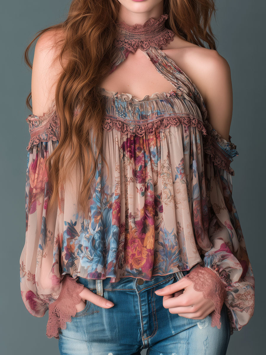 Boho Blush Floral Chiffon Cold-Shoulder Halter Blouse
