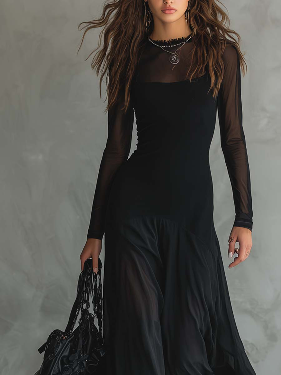 Black Tulle Patchwork Loose-fitting Maxi Dress