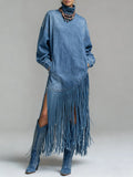 Ursime Daily Blue High Collar Lantern Sleeve Long Sleeve Strappy Western Pocket Denim Midi Dresses [Pre-Order]