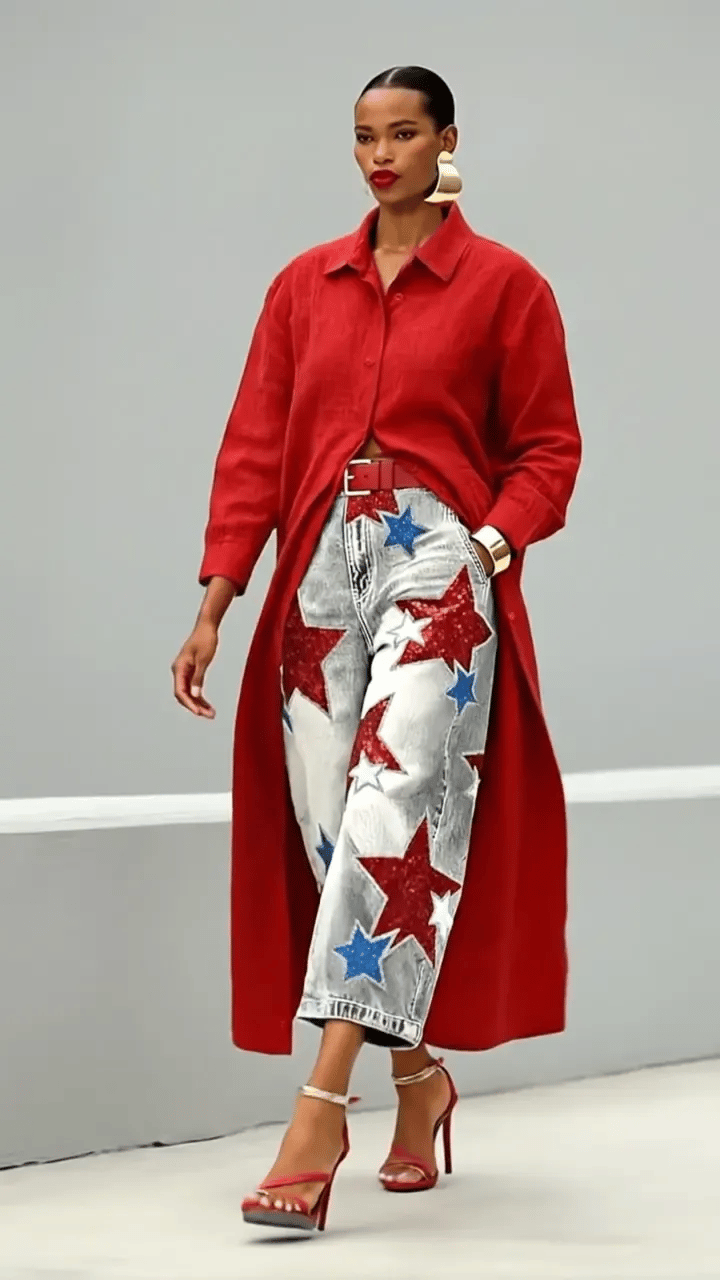 Women's Fashionable Star Print Casual Loose Wide-leg Denim Pants