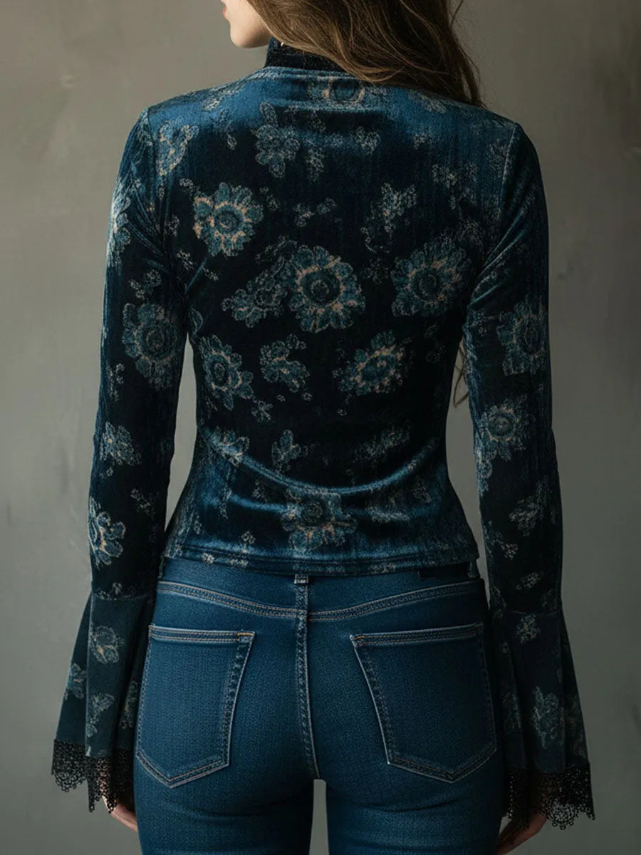 Retro Blue Floral  Velvet Lace Blouse With Bell Sleeves