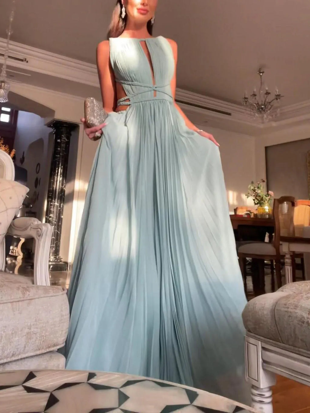 Elegant Hollow Back Sleeveless Pleated Maxi Dress