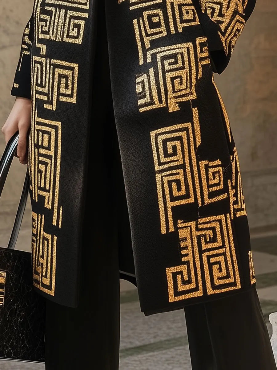 Luxurious Black Coat with Bold Gold Geometric Patterns