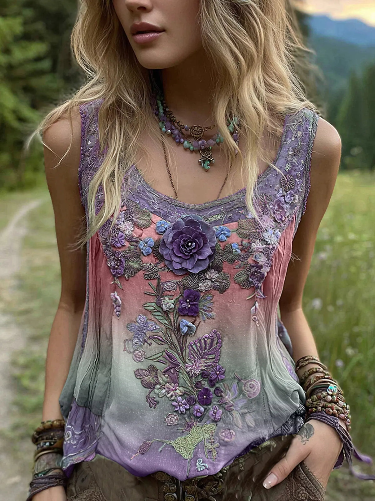 Vintage Classy Gradient Purple Lavender And Floral Embroidered Pattern Linen Tank Top