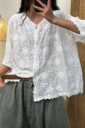 Women's V-Neck Half Sleeved Embroidered Cardigan Button Casual Linen Top