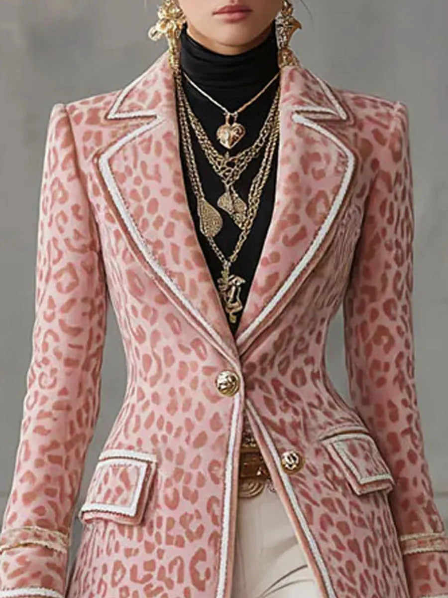 Lapel Single-breasted Pink Leopard Print Mid-length Coat