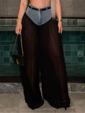 Denim Corset Waist Sheer Chiffon Wide Leg Pants
