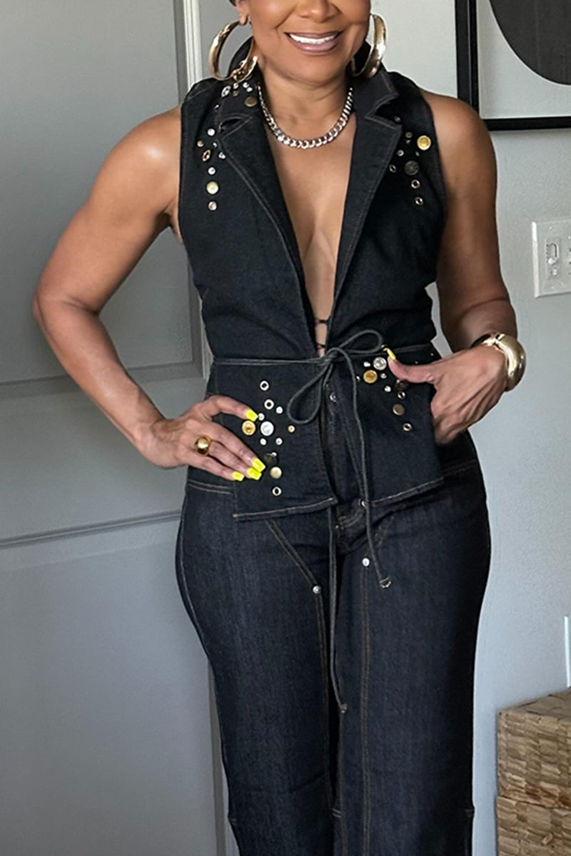 Women's Fashion Open Back Metal Cutout Vest or Jeans