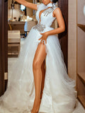 Beaded Embellished Hollow A-Line Split-Side White Wedding Maxi Dress