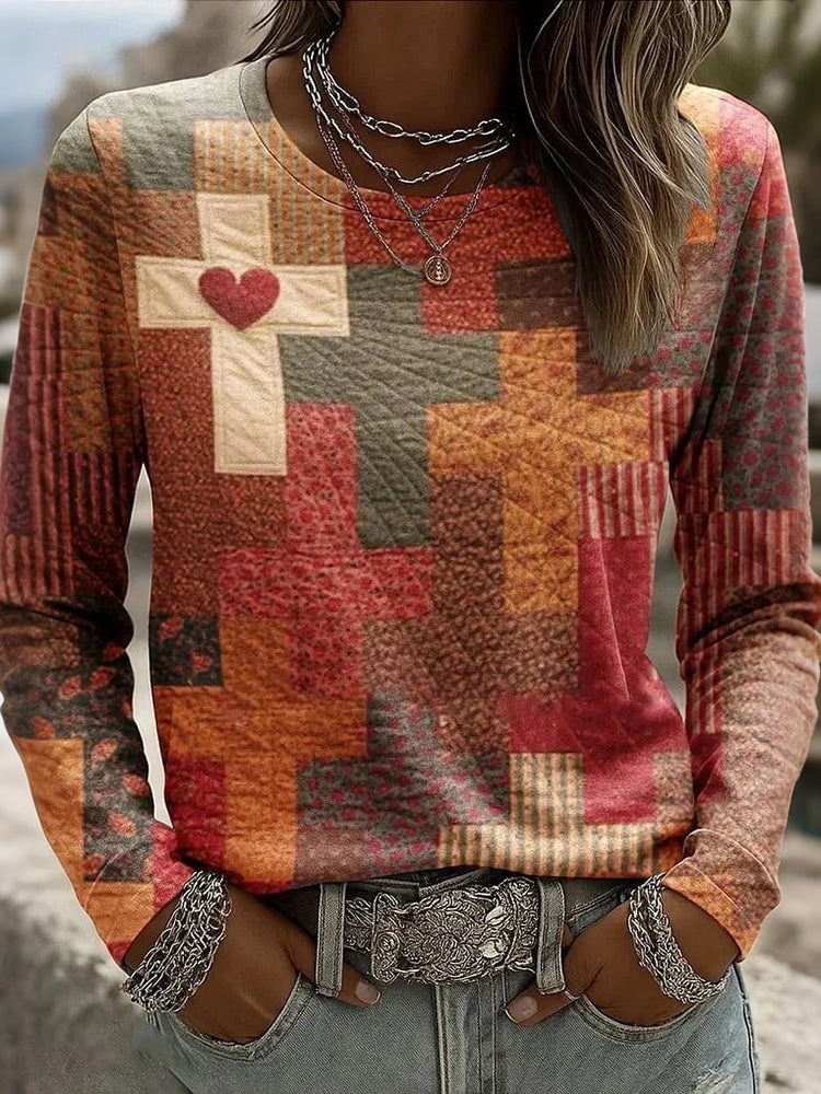 Women's Valentine's Day Heart Faith Cross Pattern Comfortable Boho Top
