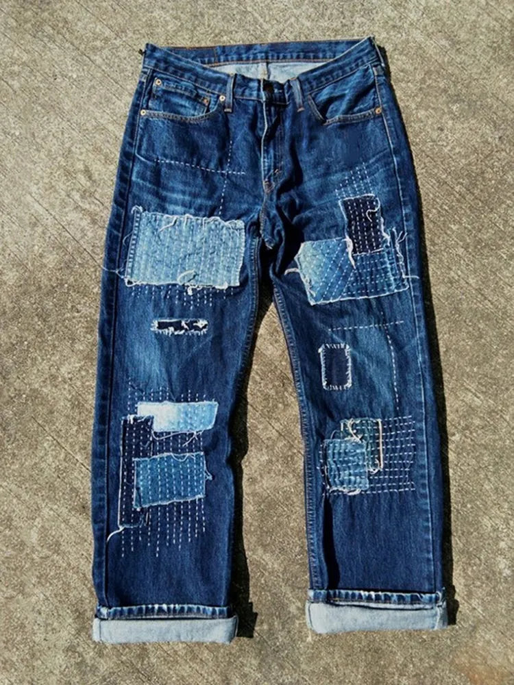 Japanese Style Sashiko Patchwork Design Jeans