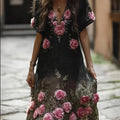 Bohemian Three-dimensional Embroidery Flower Black Short-sleeved Long Dress