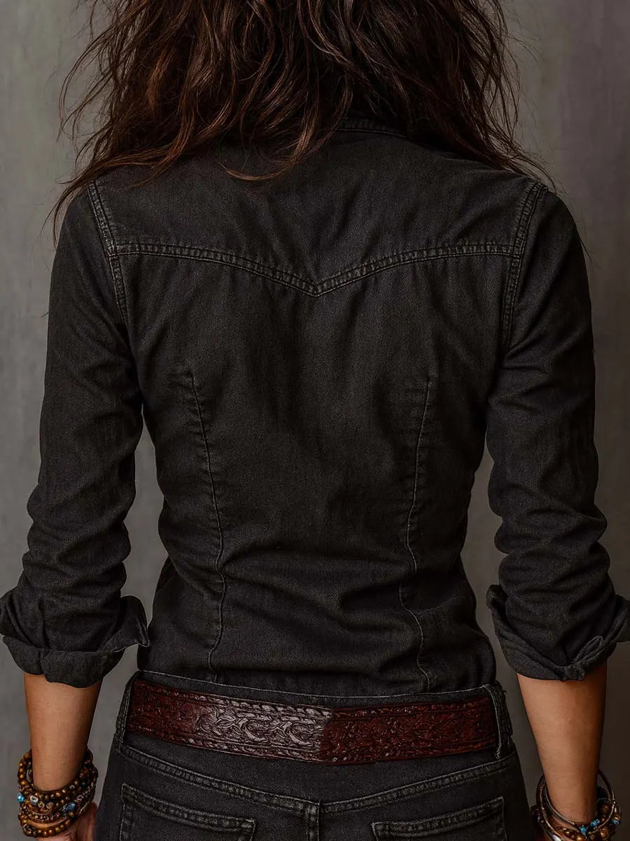 Vintage Washed Zip-up Denim Blouse
