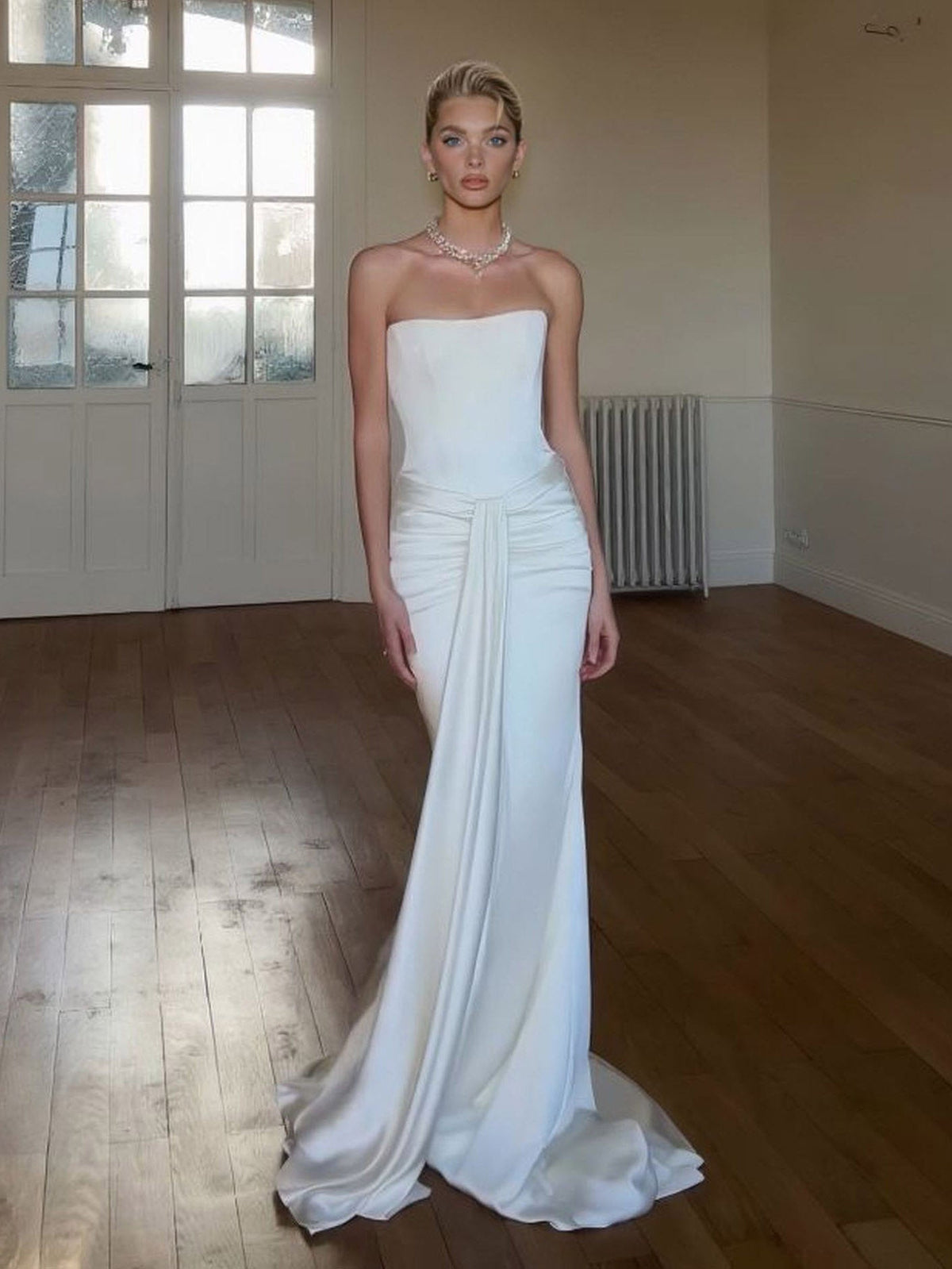 Elegant Strapless Ruched Drape Maxi Dress