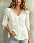 Women's Casual White V Neck Ruffle Blouse 3/4 Sleeve Lace Trim Linen Shirts Tops