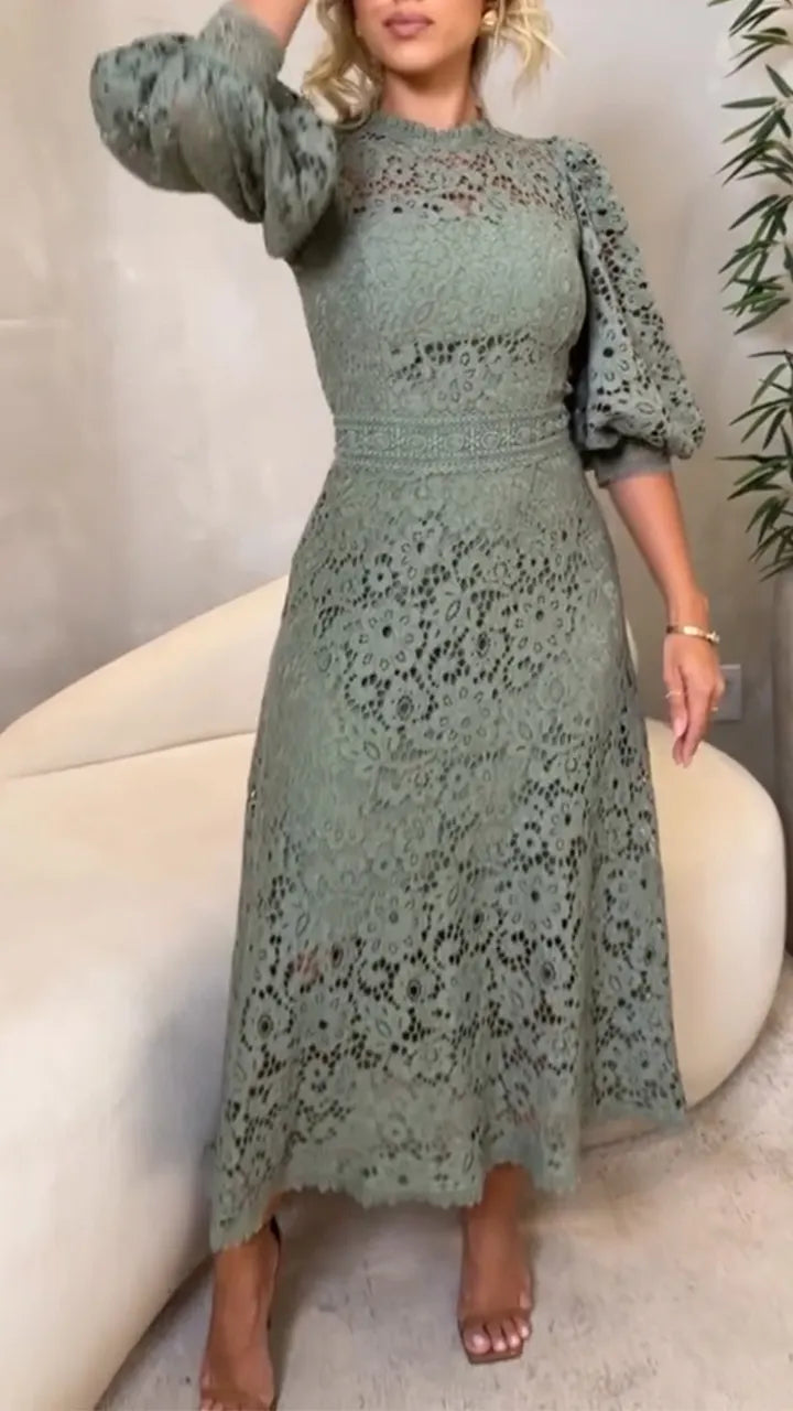 Women's Round Neck Lantern Sleeve Lace Hollow Dress