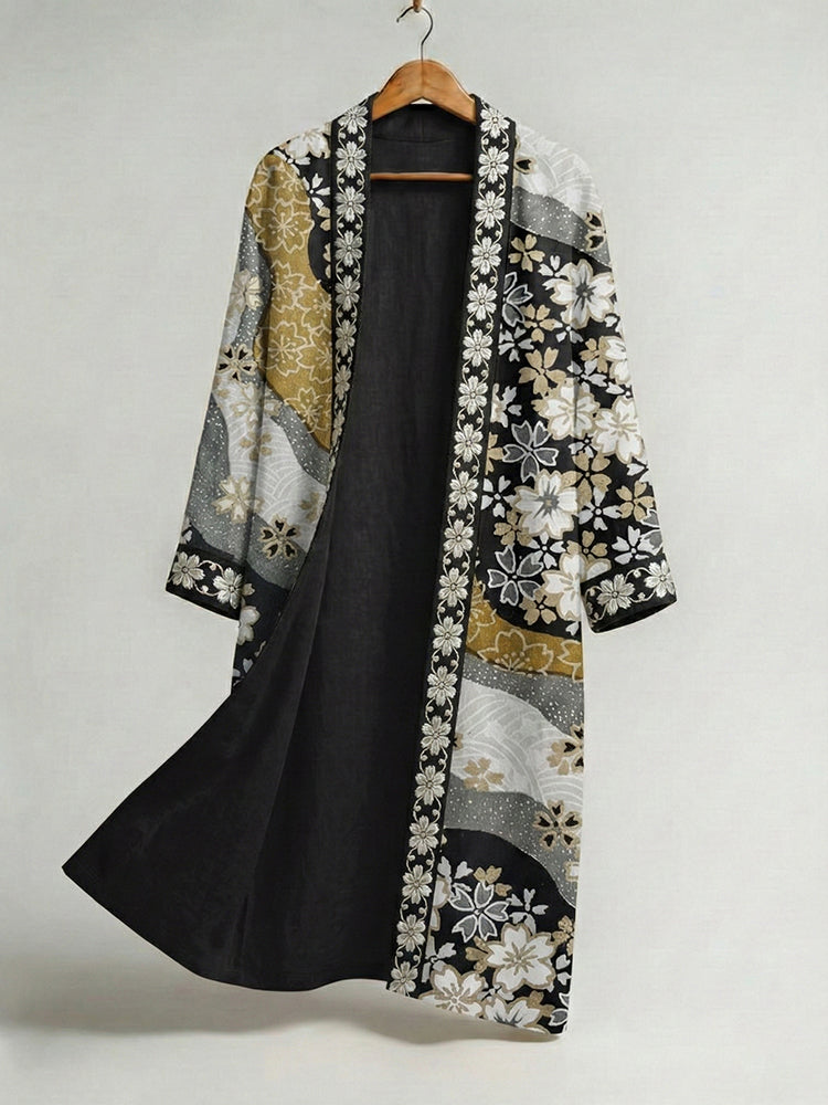 Men's Retro Floral Art Print Linen Long Kimono