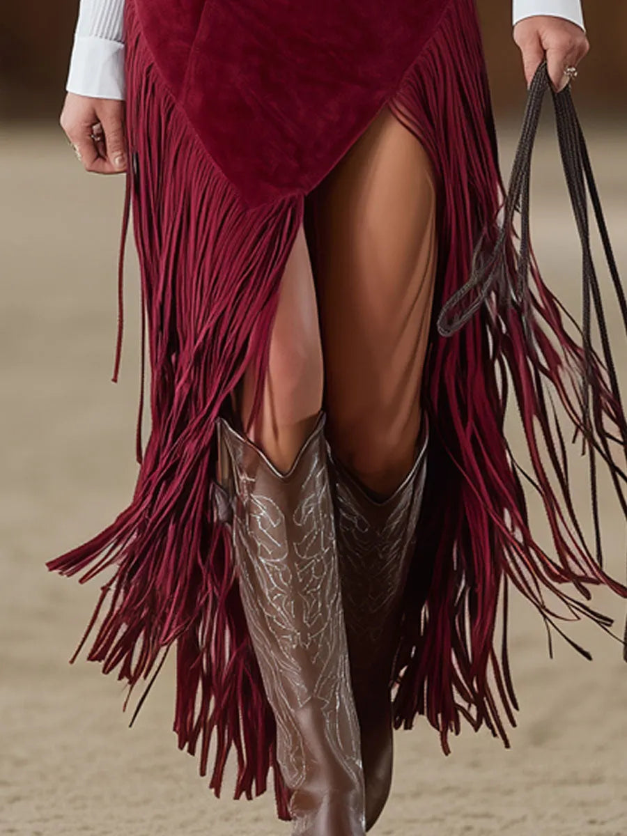 Western Retro Red Faux Suede Slit Fringe Midi Skirt