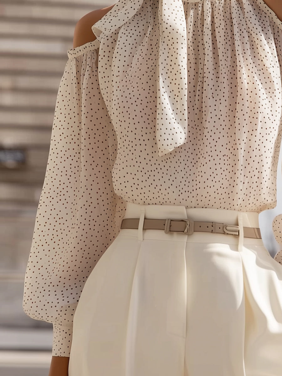 Polka Dot Cold-Shoulder Chiffon Blouse With Scarf Tie