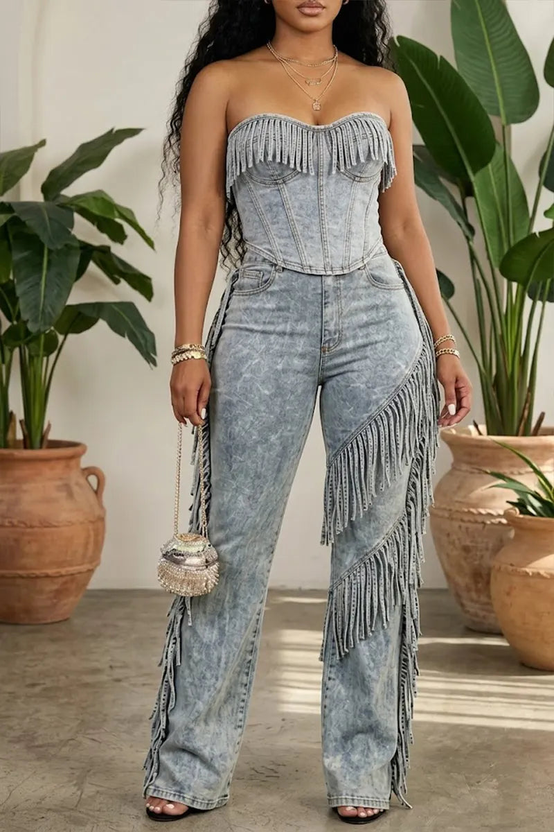 Women's Casual Strapless Fringed Denim Top Or Fringed Wide Leg Jeans