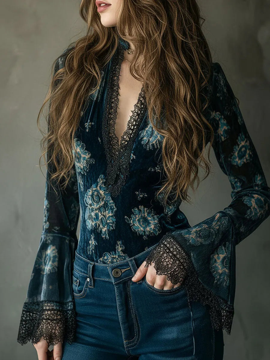 Retro Blue Floral  Velvet Lace Blouse With Bell Sleeves
