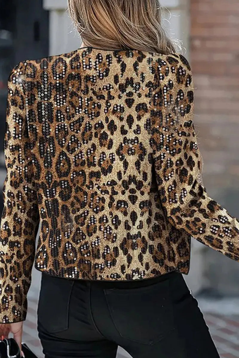 Chic Leopard Print Sequin Covered Long-Sleeve Jacket