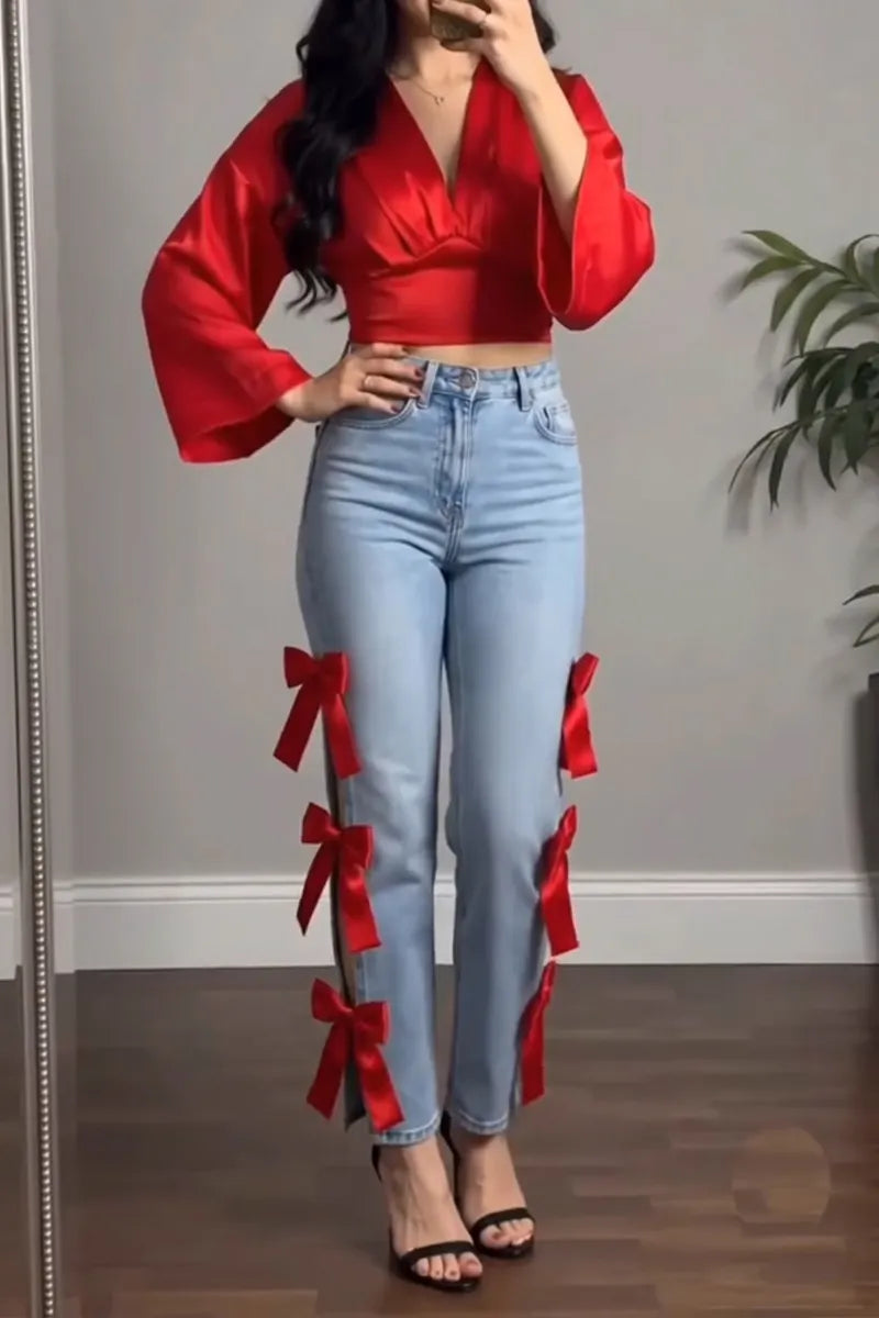 Women's Elegant V-Neck Top or Bow Decor Cutout Jeans