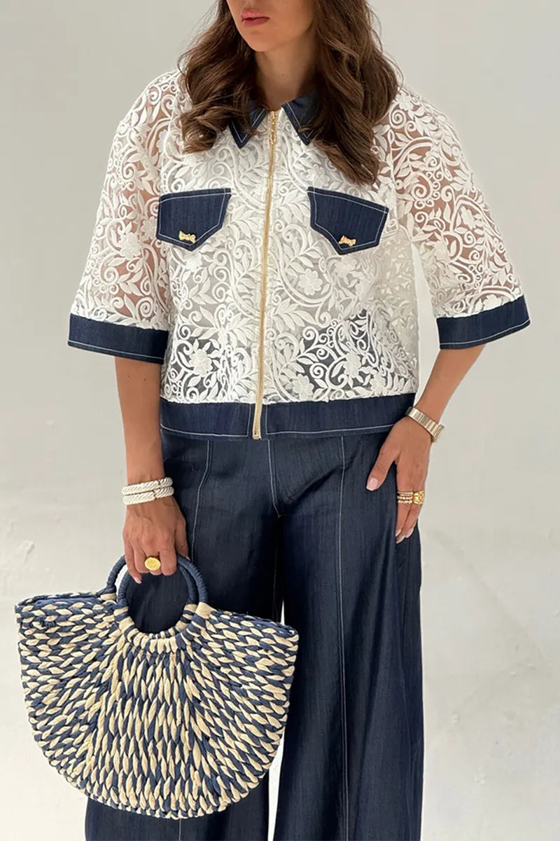 Women's Fashion Pattern Mesh Panel Denim Jacket or Wide Leg Jeans